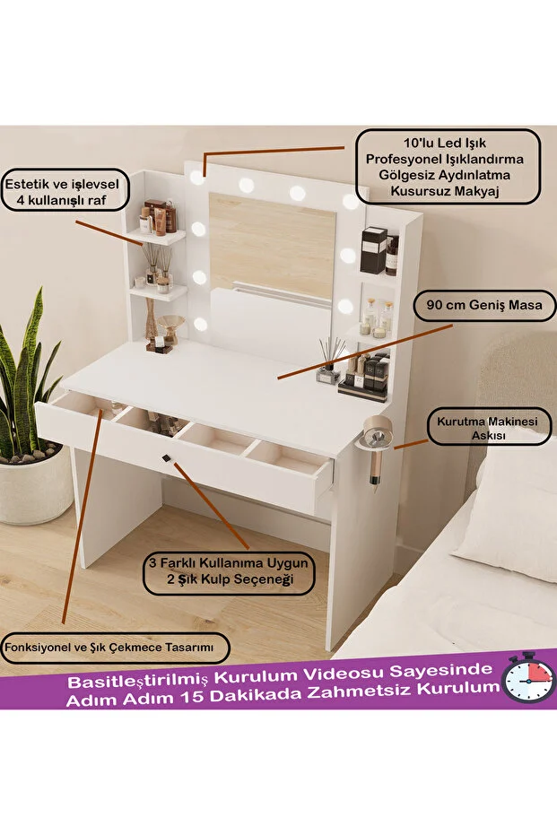 Hollywood Işıklı Aynalı Kulis Makyaj Masası Takı Düzenleyici Beyaz Patentli Tasarım